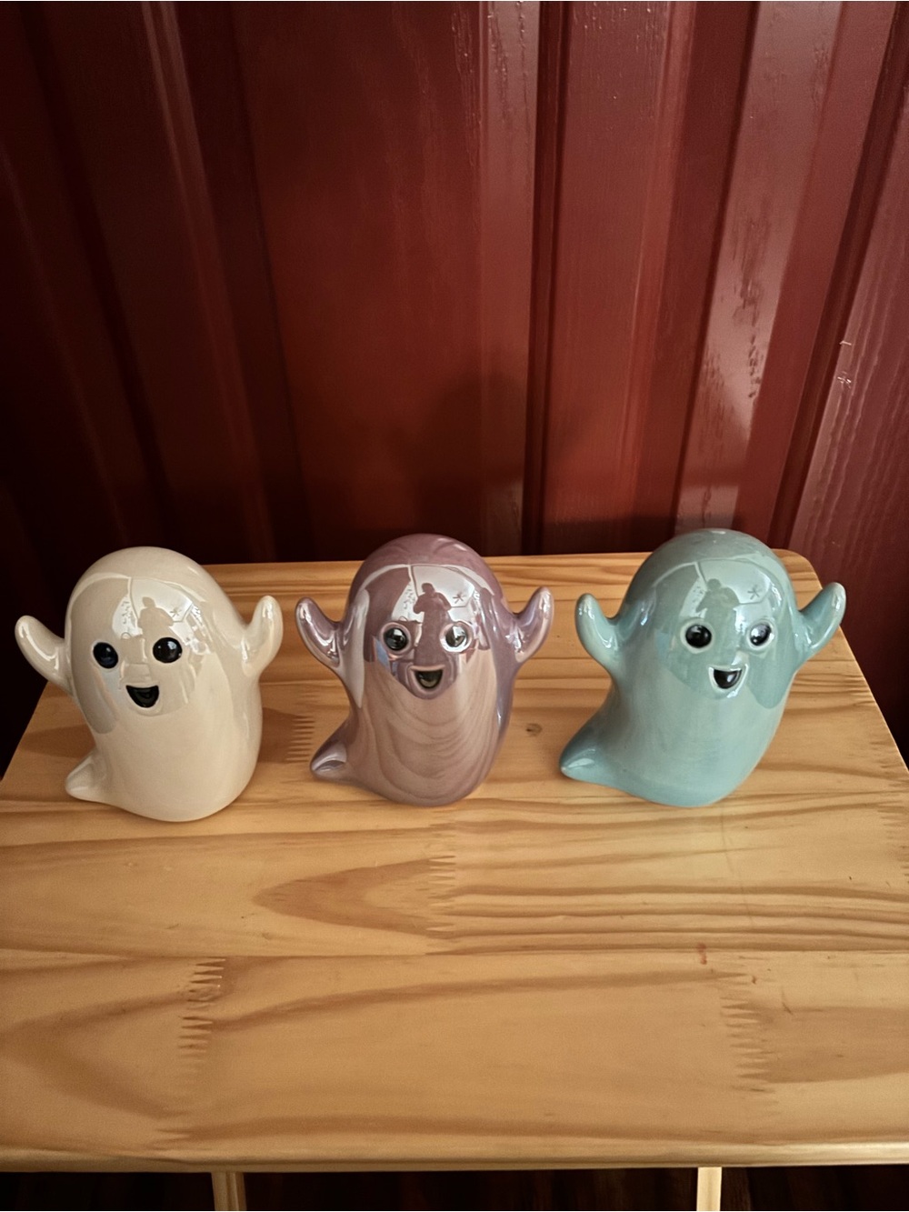 Ceramic Ghost Figurine Trio - Cream, Mauve, and Teal